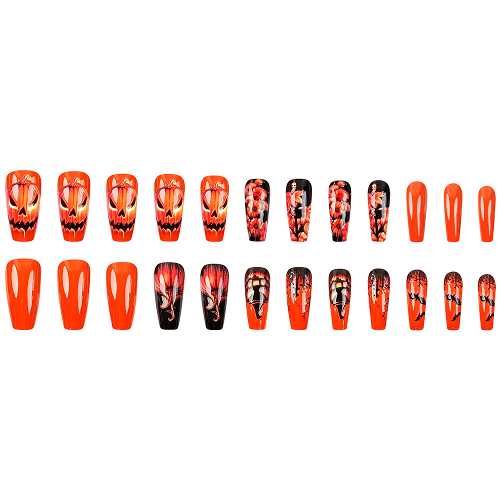 Nuevo estilo transfronterizo de uñas de Halloween, parche de uñas de calabaza de cráneo tridimensional 3D, 24 piezas, armadura de vestir en relieve