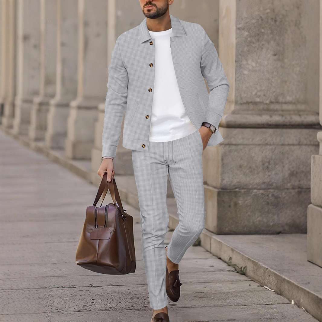 Herren-Set aus Waffelstrickpullover und Jogginghose mit Knopfleiste – Thermo-Lounge-Set in Unifarbe für den Winter, atmungsaktives Polyester-Zweiteiler-Outfit für die Freizeit_voghion.com