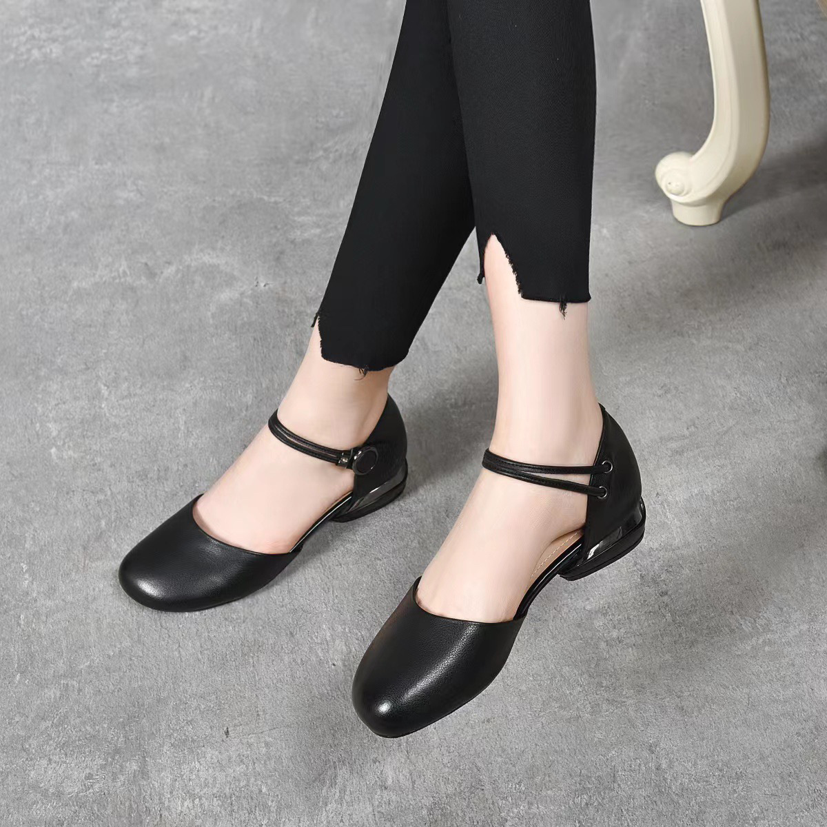 Sandal nữ mũi tròn da thật quai đơn gót thấp đế mềm — Màu đen