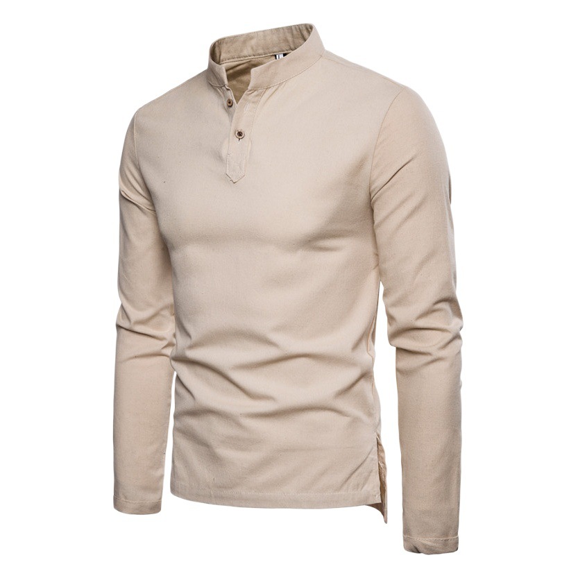 Camisa de los hombres media tapeta camisa de cuello alto otoño algodón Lino camisa de los hombres color sólido manga larga más tamaño 2023 nuevo