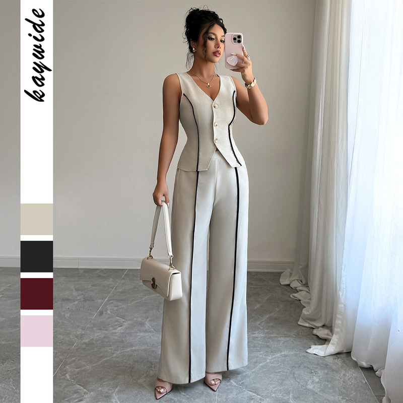 Amazon Independent Site Cross-Border Women's Clothing 2026 Spring/Summer European and American Style Mature Urban Chic Color-Blocking Sleeveless Blazer Set