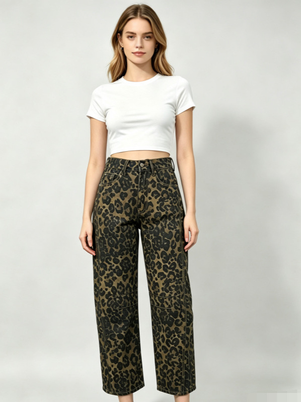 Jeans Barrel con Estampado de Leopardo para Mujer, Mezclilla 100% Algodón, Sin Elasticidad, Cintura Alta
