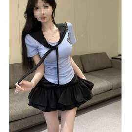 纯欲风辣妹水手服套装夏季蓝色短袖海军领修身t恤蛋糕短裙学院风