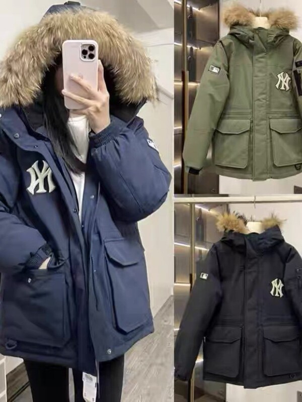 高級MLB男女兼用カジュアル多用途フード付き冬用ダウンジャケット、大きなファー襟付きカップル向けミドル丈厚手|undefined