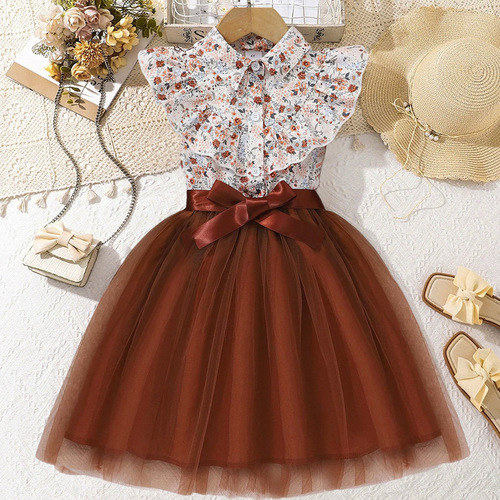2-12 Year-old girl's long-sleeved lapel floral mesh dress for small and medium-sized children's princess dress with woven belt, new in spring