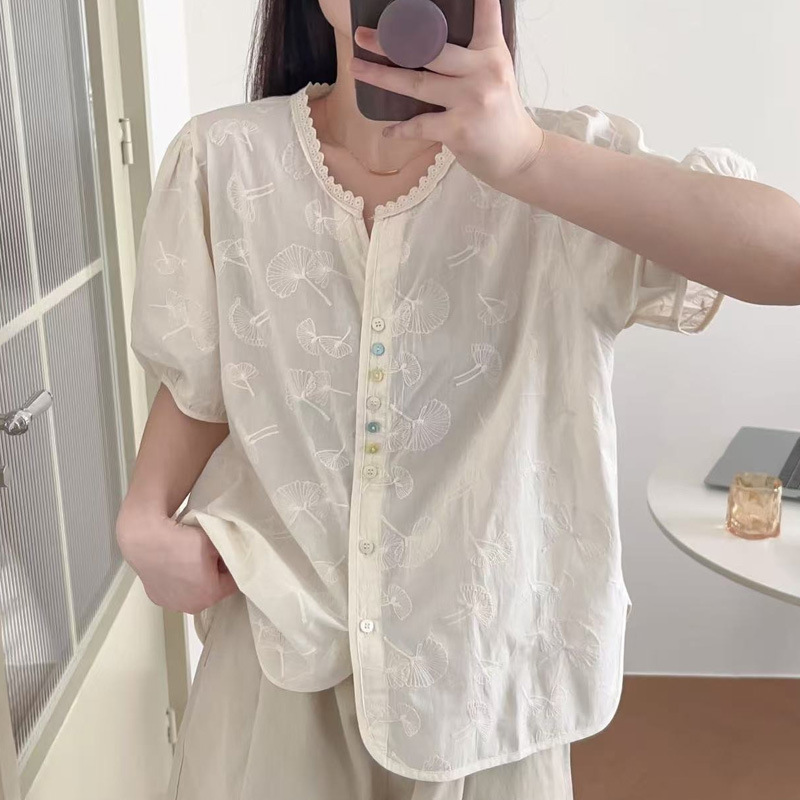 [Customized] Lace-Trimmed Round-Neck White Shirt for Women, Short-Sleeved 2026 Summer Embroidered Top, Pure Cotton Women's Shirt