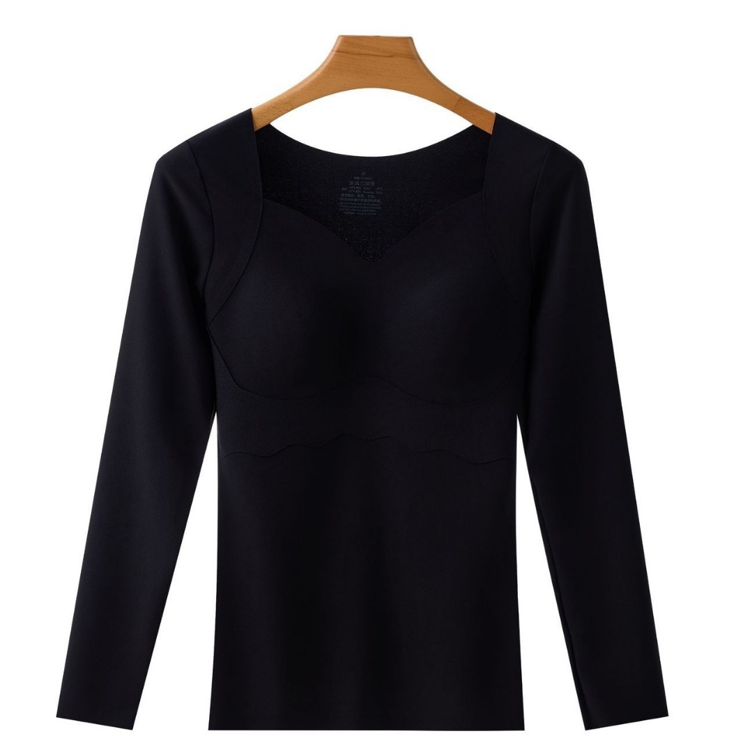 Nuevo otoño e invierno cálido superior alto elástico slim fit con almohadilla en el pecho ropa interior sin desgaste de las mujeres con cuello en V camisa de fondo ropa de otoño