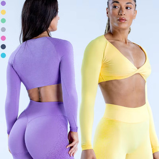 DFYNE Explosive Cross-border Yoga Suit Women's Deep V-neck Short Top Yoga Navel Kink Sports Fitness Long Sleeve