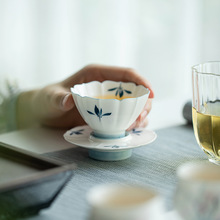 昌朴居纯手绘蝴蝶兰花茶杯带杯垫花瓣杯品茗杯家用套杯功夫主人杯