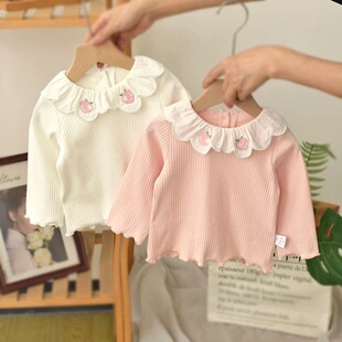 Baby Girl's Textured Fine Pit Strip T-Shirt Baby Girl's Spring New Girl's Embroidered Heart Petal Collar Bottoming Shirt