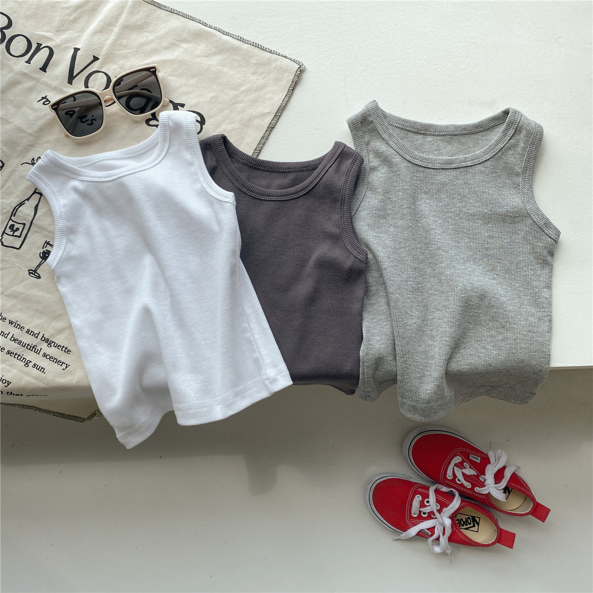 Children's Tri-Color Pit Strip Backless Top 2023 Summer New Style Versatile 100% Cotton Breathable for Boys and Girls Sleeveless T-shirt