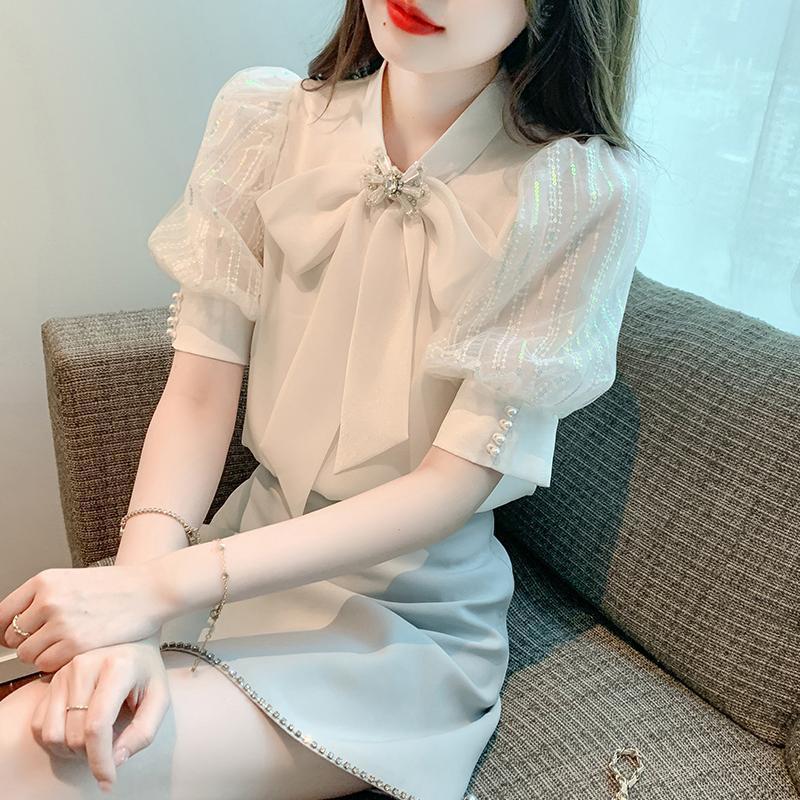 여성을 위한 궁전 스타일 쉬폰 반팔 셔츠, 여름 연령 감소 스타일 셔츠 2025 새로운 핫 스타일 퍼프 슬리브 탑