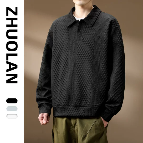 Spring 2025 New Texture Polo Shirt Long-sleeved T-shirt Fat Loose Plus Size Lapel Jacquard Sweater for Men