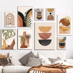 Bohemian Abstract Sun and Moon Geometric Line Calathea Leaf Canvas Painting for Living Room and Bedroom