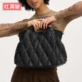 时尚菱格太空棉手提女包新款羽绒斜挎填充托特简约纯色单肩包