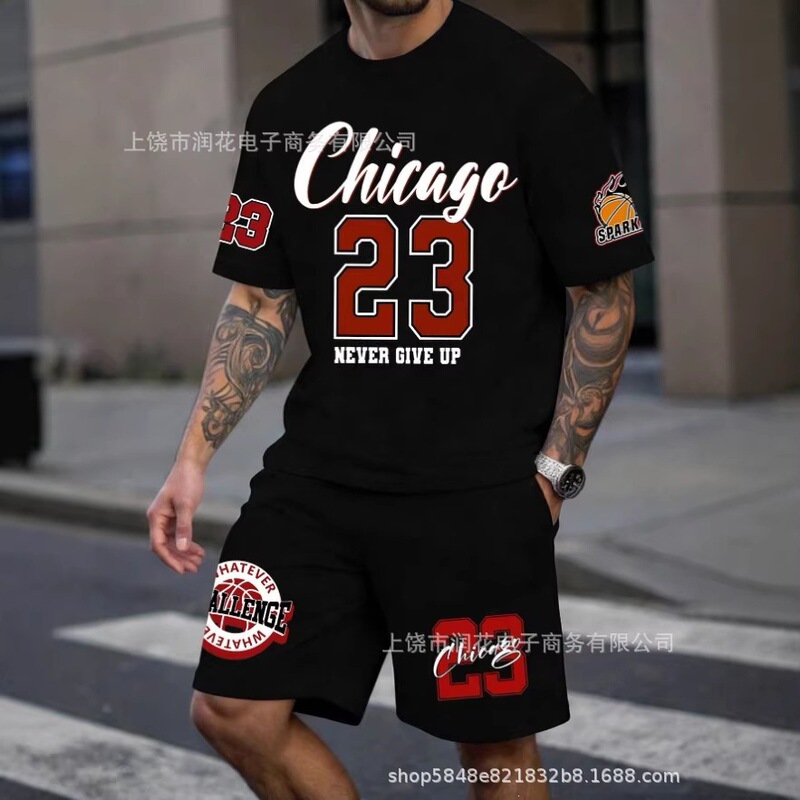 2026 Cross-Border Foreign Trade 3D Digital Print Chicago No. 23 Basketball Theme Short Sleeve Shorts Sports Casual Set