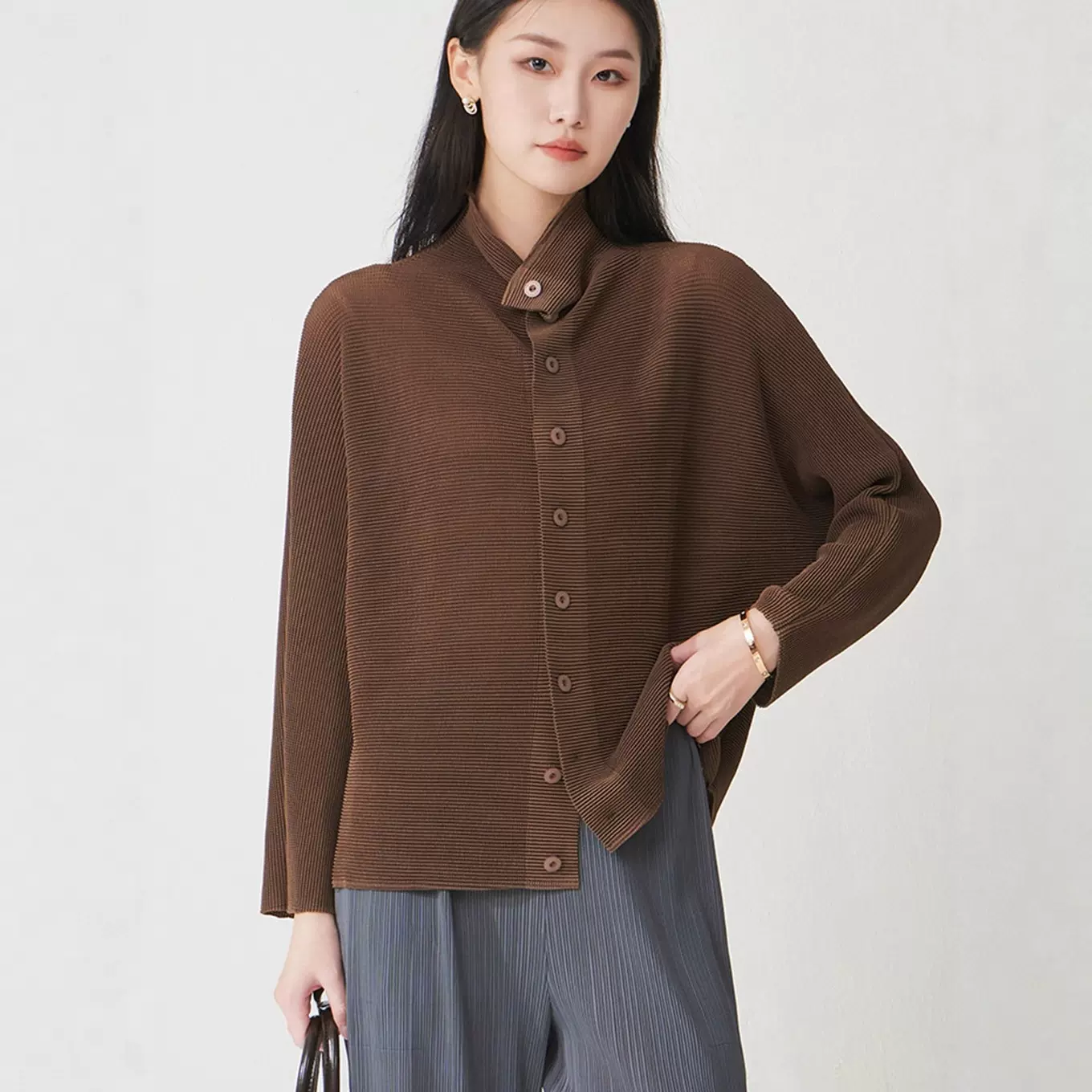 时尚百搭褶皱针织开衫外套女高级感秋季新款大码女装宽松显瘦上衣