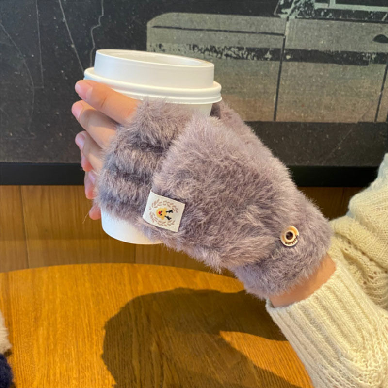 Invierno de las mujeres cálido forrado de lana engrosada estudiante escritura de moda montar lindo punto medio dedo flip guantes de dibujos animados