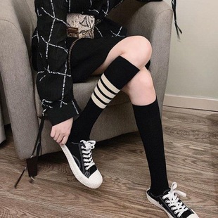 Calf socks women's spring and summer thin high-top cotton socks black four bars skinny leg half over the knee leg socks ins tide stockings