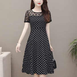 金步康夏装新款黑色波点雪纺连衣裙女小个子中年妈妈遮肚子气质裙