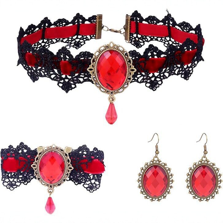 European and American Retro Gothic Style Lace Choker Earring Set Red Purple Black Crystal Pendant Jewelry