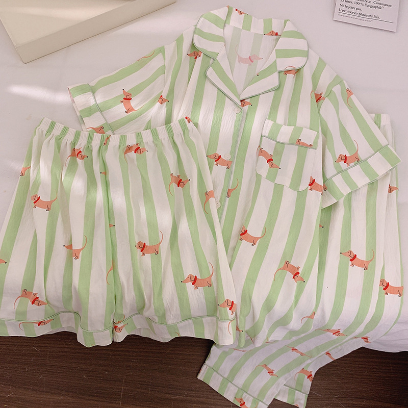 Nube de algodón pijama de mujer nuevo verano verde rayas perros dulces ociosos ropa de casa de estudiantes de tres piezas para vestir