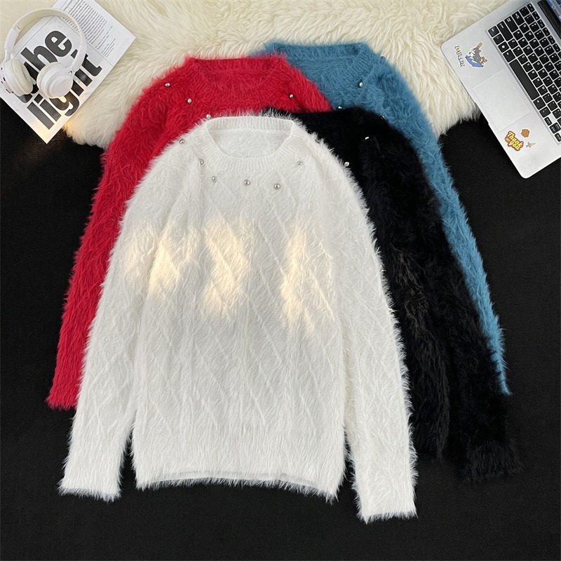 Men's Clothing mink sweater button flower design beaded high weight knitted sweater furry pullover lazy trend men_voghion.com