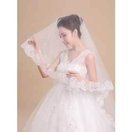 新娘头纱韩式蕾丝花边长头纱1.5米头纱结婚拖尾白色头纱婚纱配饰