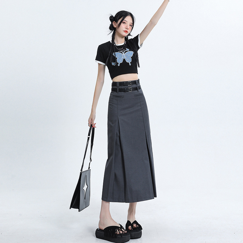 Gray Suit A-Line Skirt for Women 2025 Summer New High-Waist Slim Versatile Double-Belt Elegant Mid-Length Skirt