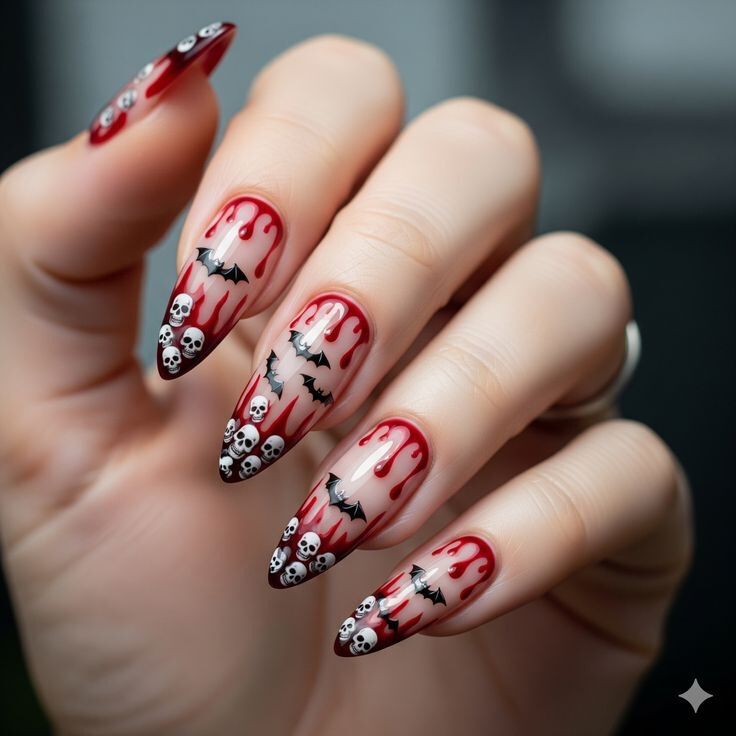 Medium-long pointed red blood-drop gradient black bat dark gothic style white skull holiday nail tips wholesale
