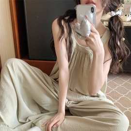 韩版吊带背心睡衣女夏天暗纹素雅绿阔腿裤家居服两件套休闲可外穿