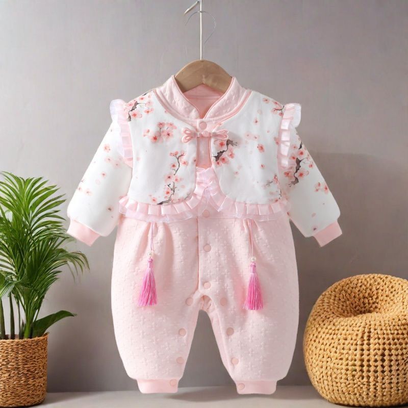 Thickened Cold-Proof New Year's Greetings Clothing, Baby Jumpsuit, Newborn Baby Clothes, Winter Quilted Princess Clothes, Baby Crawling Clothes