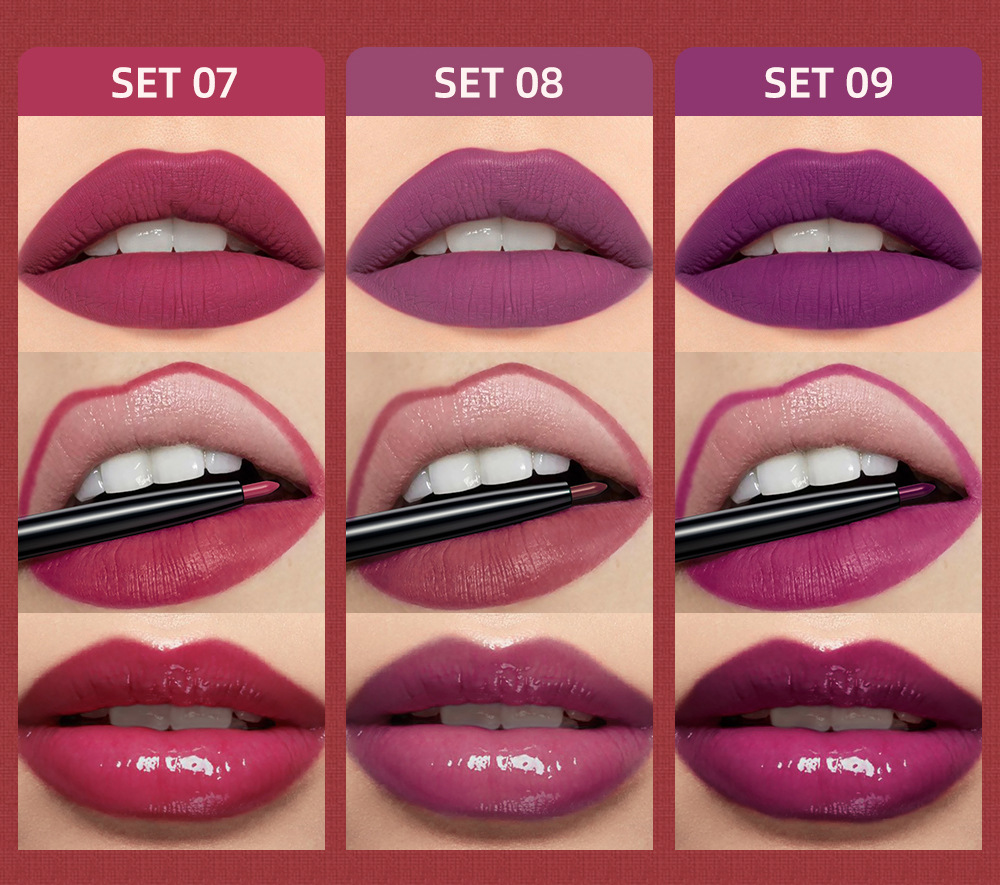 QIBEST Cross Border non-stick cup non-fading lip glaze matte mist moisturizing lip line set 3-in-1 Makeup undefined