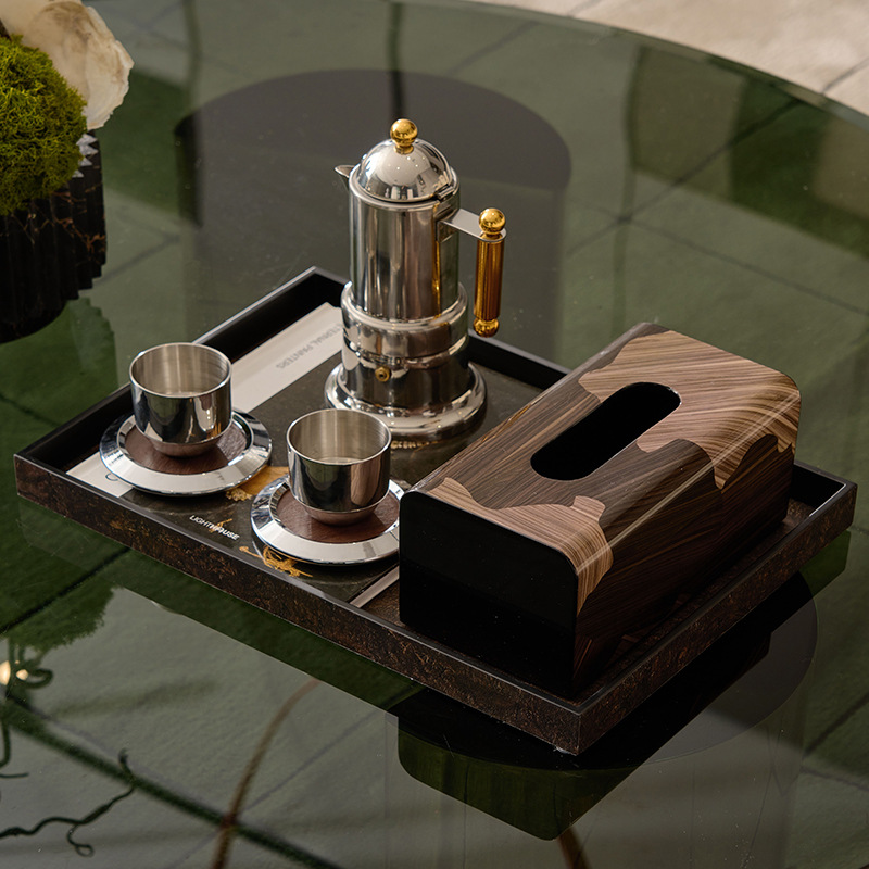 现代极简风意式轻奢沙发休息区接待洽谈桌小圆桌托盘花瓶摆件搭配