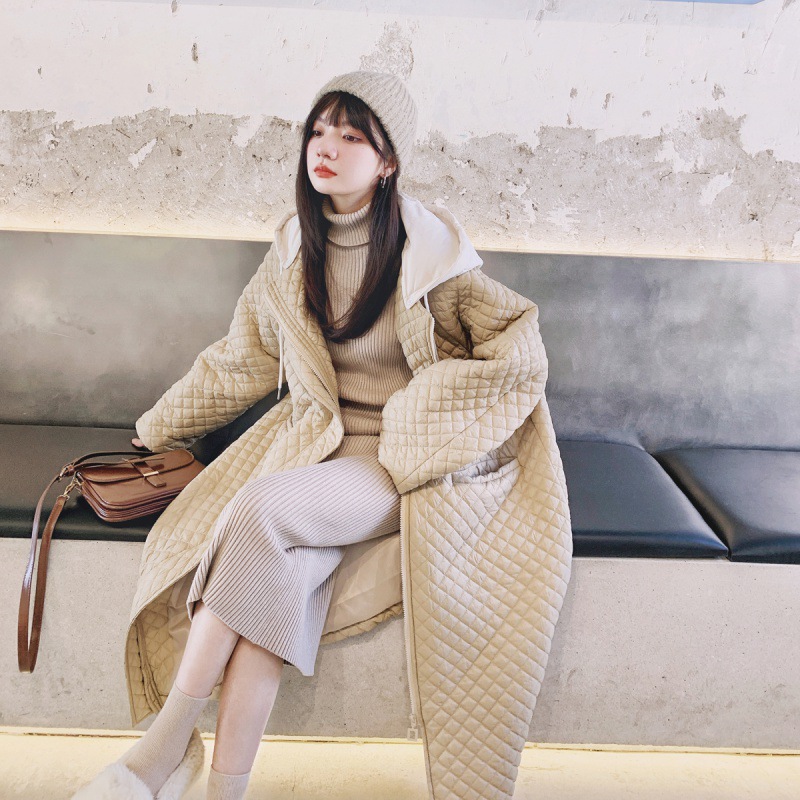 리얼 샷 다이아몬드 격자 무늬 코튼 패딩 재킷 여성 후드 긴 겨울 새 우유 푸푸 부드러운 바람 다운 코튼 패딩 재킷