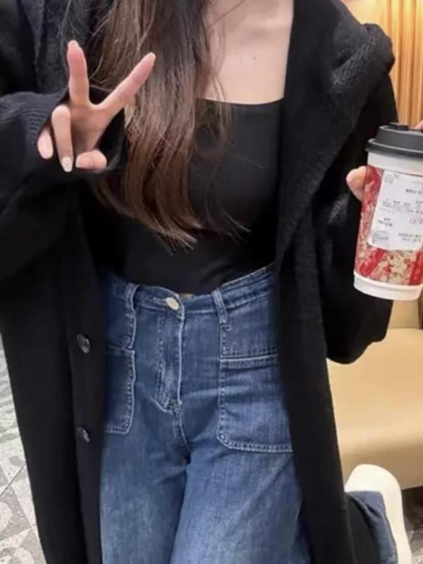 韩系慵懒风连帽长款过膝针织开衫毛衣女秋冬加厚宽松显瘦外套大衣|undefined