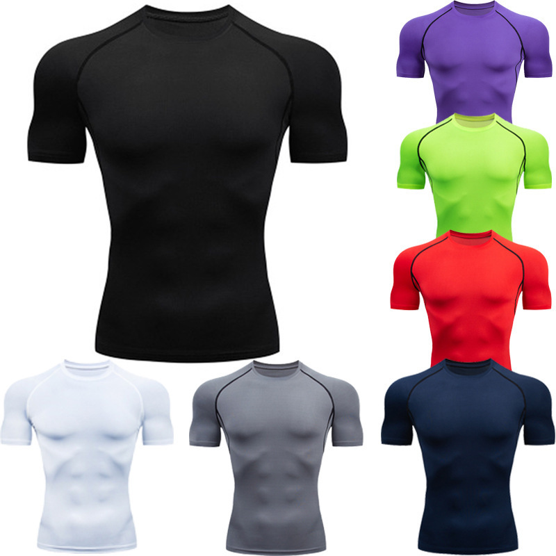 Men's Tight-Fitting Short-Sleeved Fitness Sports Running Training Clothes Elastic Breathable Quick-Drying T-Shirt Clothes Light Version Trendy