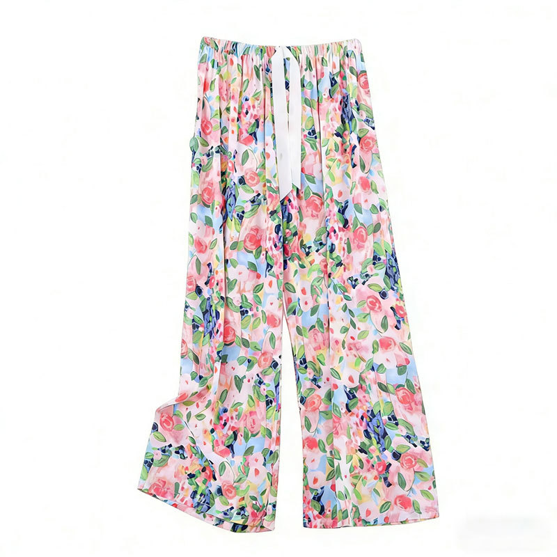 Pantalones de pijama de seda de algodón Pantalones de pierna ancha de seda de algodón fino para mujer