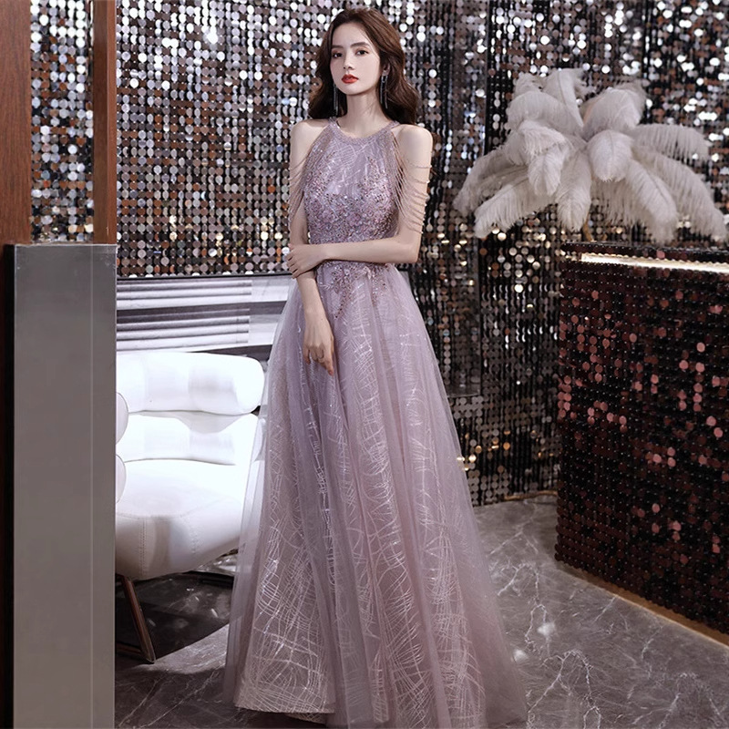 Light Luxury Niche High-End Evening Dress French Halterneck Banquet Host Evening Dress Party Party Dress for Women