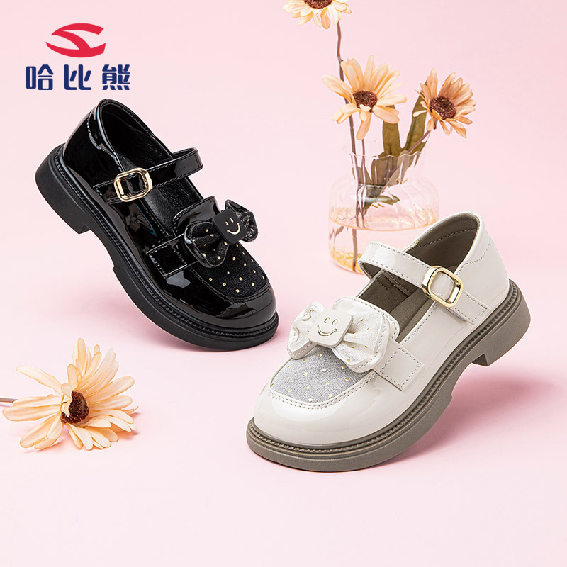 Habi bear children's shoes girls spring new girls small leather shoes simple shallow English wind loafers a generation of hair