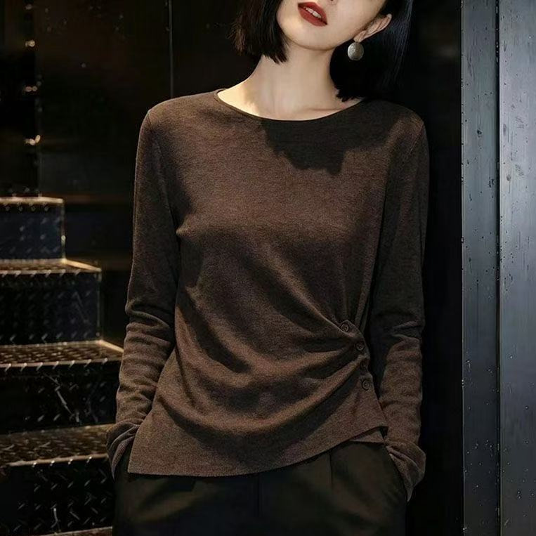 【Dropshipping】Autumn New Women's Fashion Solid Color Waist-Cinching Knit Top, Elegant Slimming High-End Base Shirt