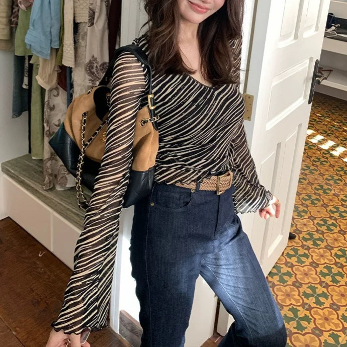 网纱微透长袖修身斑马条纹V领T恤女秋季新款复古设计感打底衫上衣