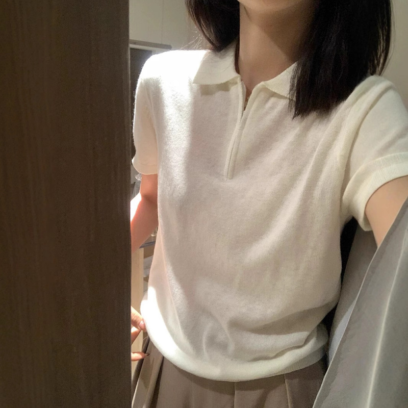 Summer Lapel Half Zipper Superfine Wool Short-sleeved Knitwear Women's Loose Slimming All-match Elegant T-shirt Top Thin