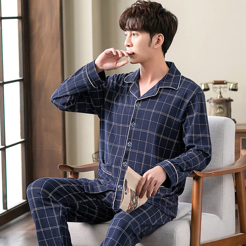 Pijamas de algodón de manga larga de los hombres primavera y otoño Four Seasons algodón delgado más tamaño ropa de abrigo ropa para el hogar