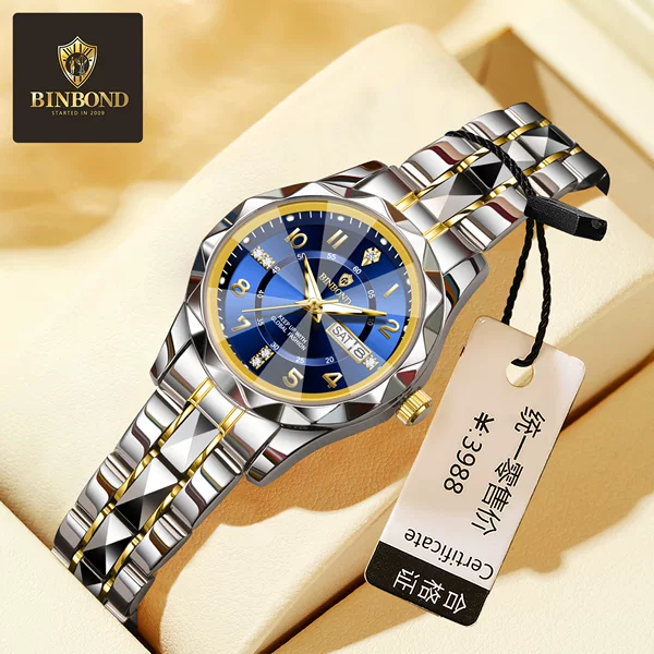 Binbang Genuine Women's Watch Waterproof Trendy Fashion Light Luxury Dual Calendar Luminous Watch Female Student Quartz Watch