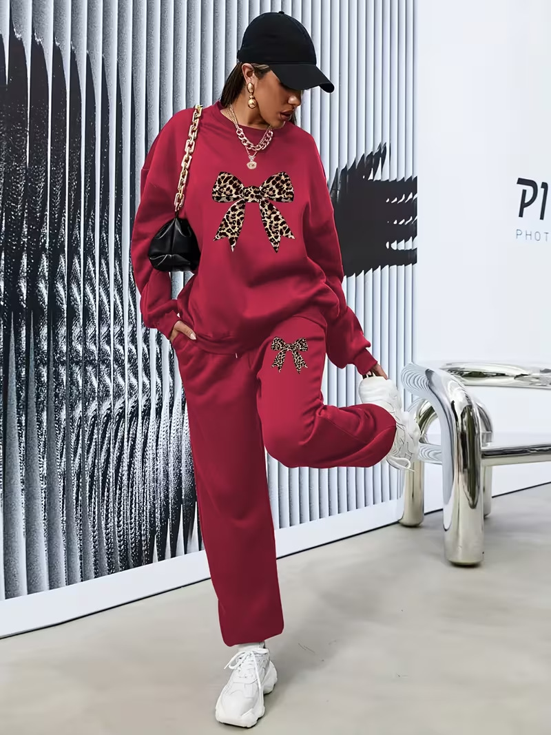 Women's Fleece Lined Sports Set Bow Print Casual Top Drawstring Jogging Pants Autumn Winter European American Style Print_ecoleips.com