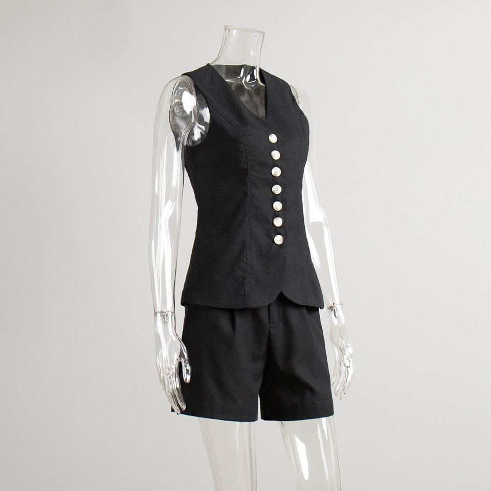 Bộ vest gile và quần short nữ chất liệu lanh cotton, áo khoét vai không tay, kiểu công sở — Màu mơ, Màu nâu đậm, Màu trắng, Màu xanh nước biển chi tiết 6