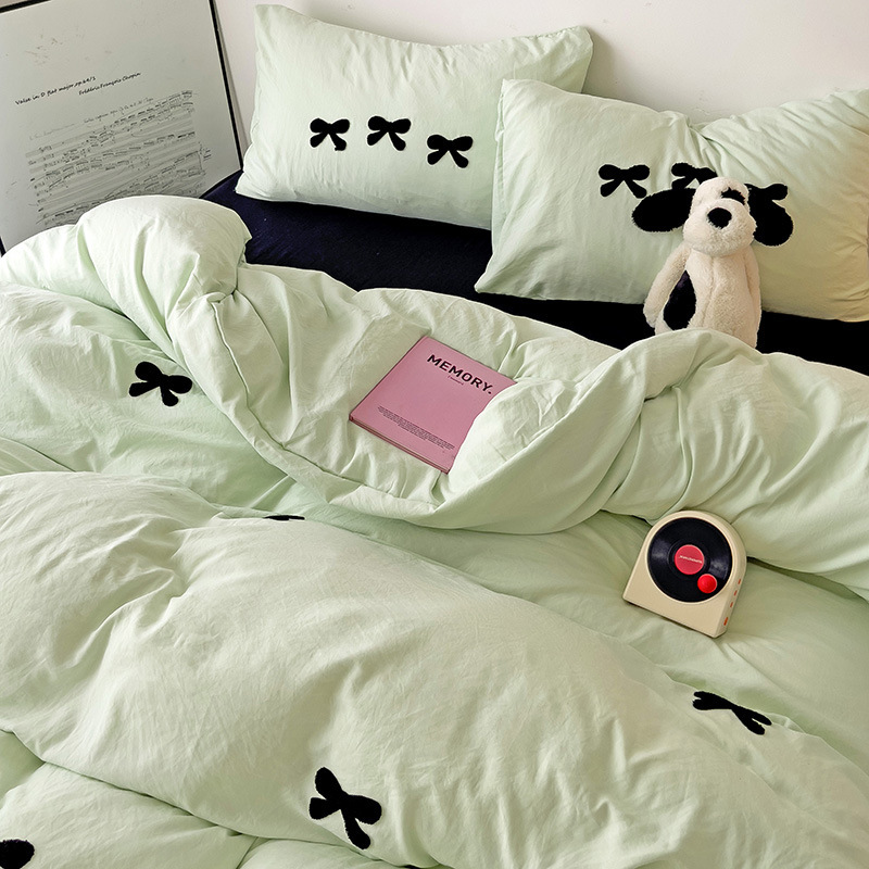 Ins Style Washed Cotton Brushed Four-Piece Towel Embroidered Bow Brushed Double Pure Color Student Dormitory Three-Piece Set Ins Style Washed Cotton Brushed Four-Piece Towel Embroidered Bow Brushed Double Pure Color Student Dormitory Three-Piece Set