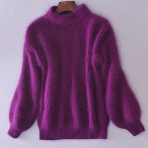 K New Style Lantern Sleeve Faux Mink Half-turtleneck Loose Solid Color Sweater Pullover For Women_voghion.com