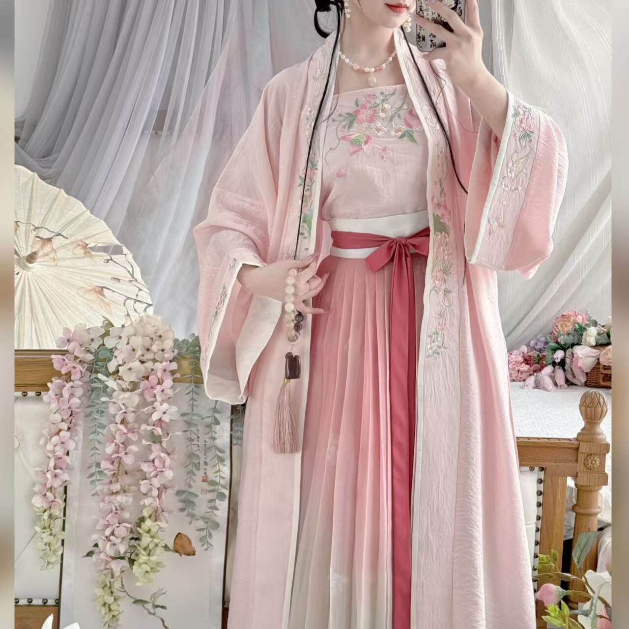 洛竹【雨荷】宋制汉服女长褙子对襟长衫吊带百褶裙日常款粉绿渐变